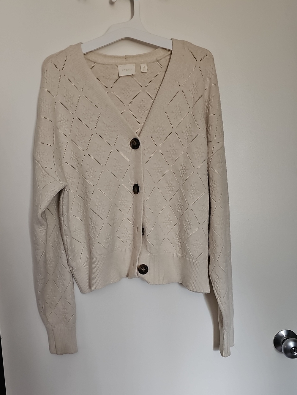 Cyrus Cream Button-Front Diamond Pointelle Cardigan